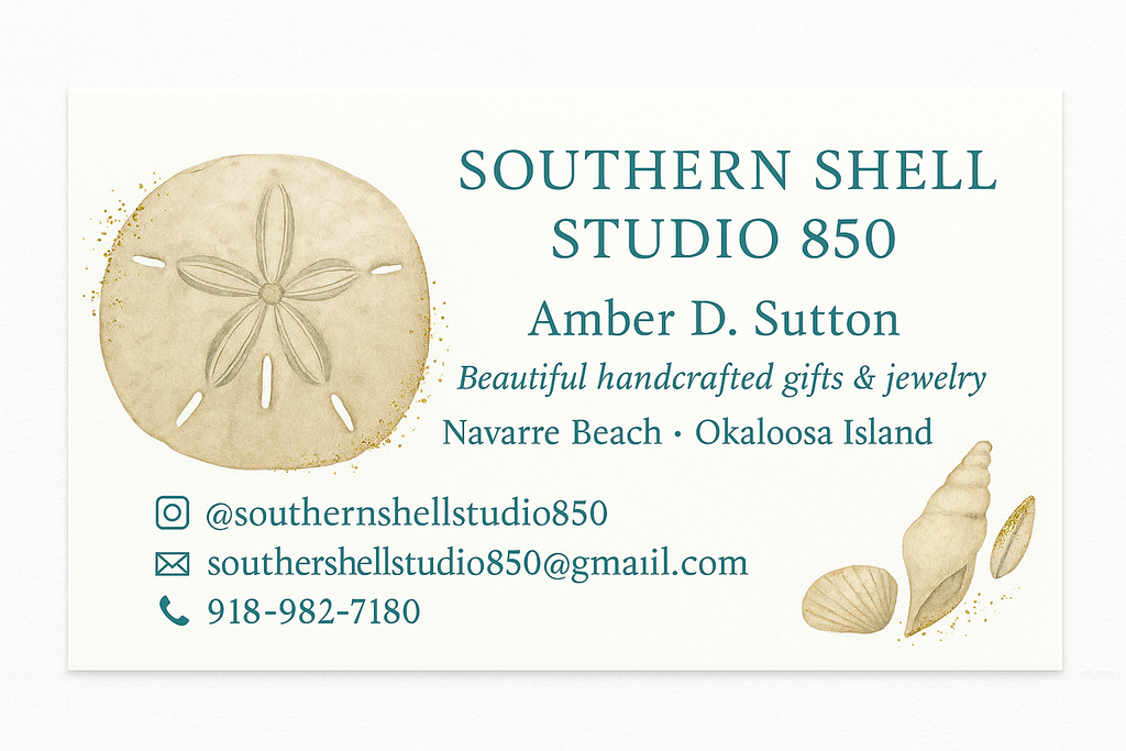 Contact Amber at 918-982-7180 ~ southernshellstudio850@gmail.com