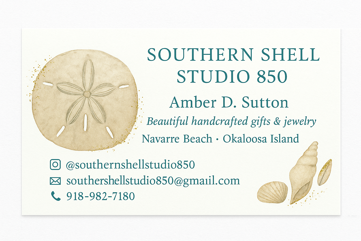Contact Amber at 918-982-7180 ~ southernshellstudio850@gmail.com
